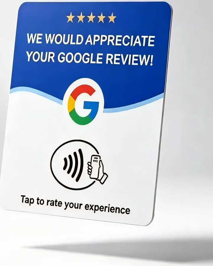 Google review tap plaque standing at an angle